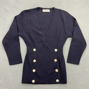 Jaeger Women's 100% Wool Cardigan Blue/Navy, Double Button Front Wrap Style 32in